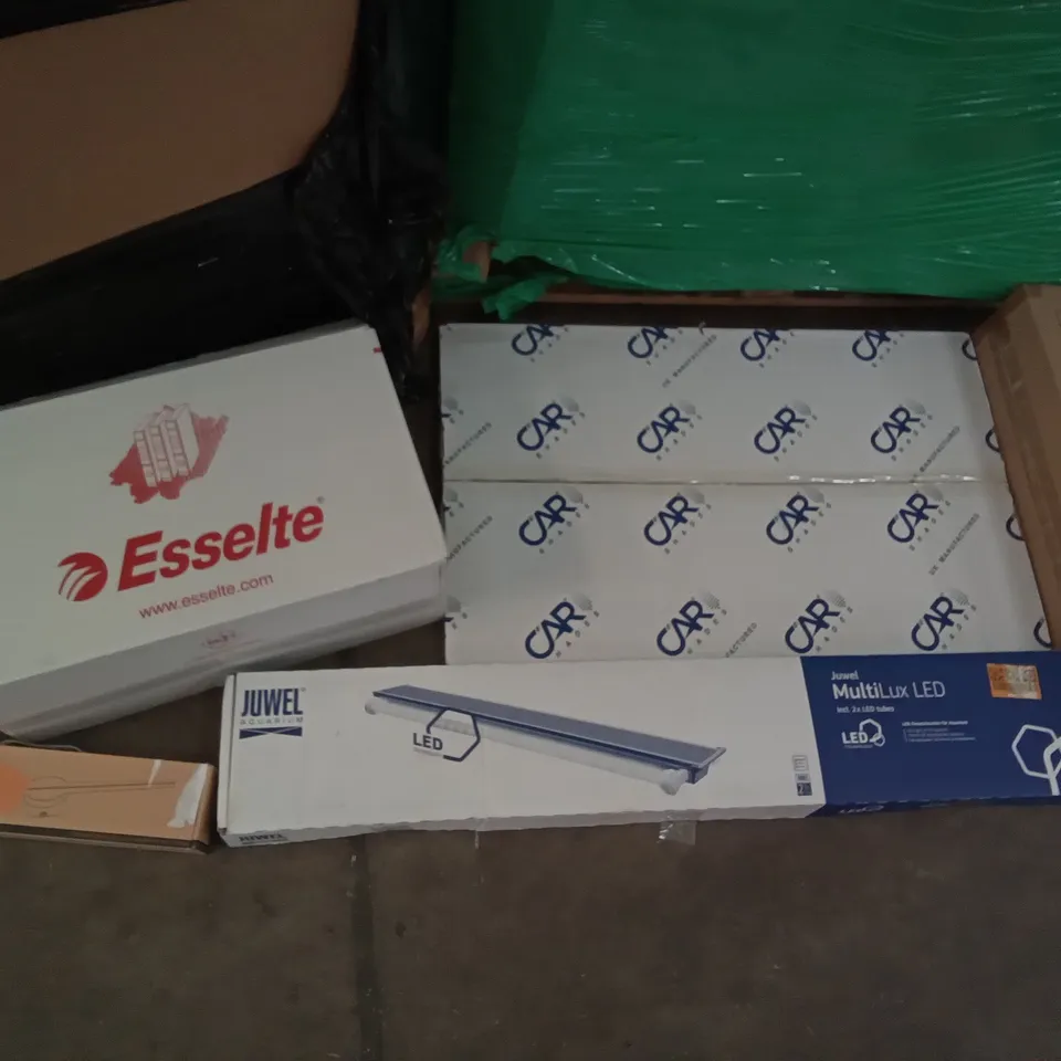 PALLET OF ASSORTED ITEMS INCLUDING BOX OF 6 ESSELTE BINDERS, 3D LED FAN, JUWEL MULTILUX LED, GLASS TUBES 