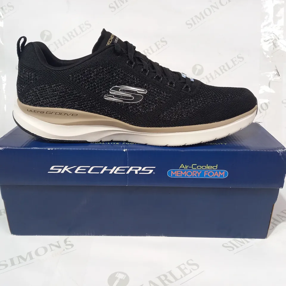 BOXED PAIR OF SKECHERS AIR-COOLED MEMORY FOAM SHOES IN BLACK UK SIZE 12