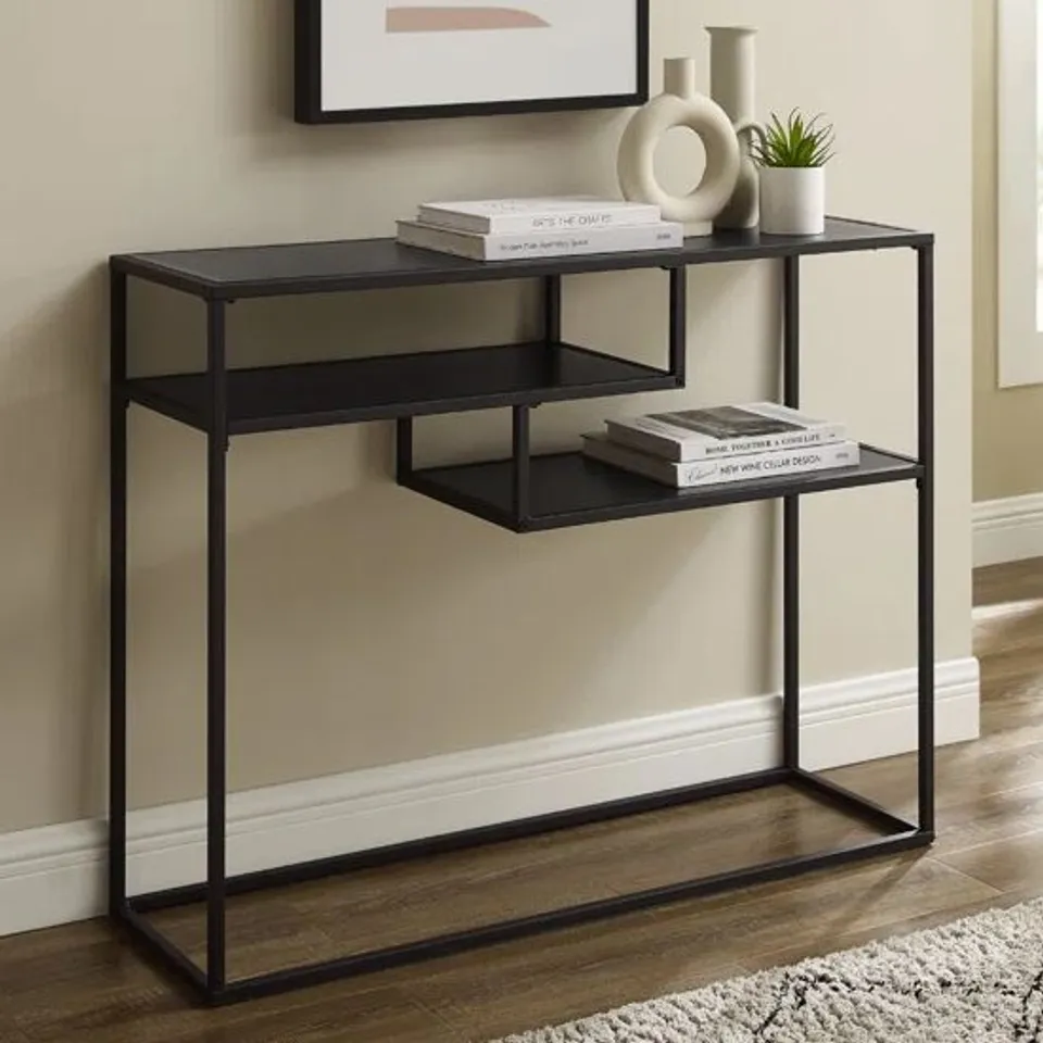 BRAND NEW BOXED WALKER EDISON GROTON WOODEN CONSOLE TABLE WITH SHELVES IN BLACK (1 BOX)