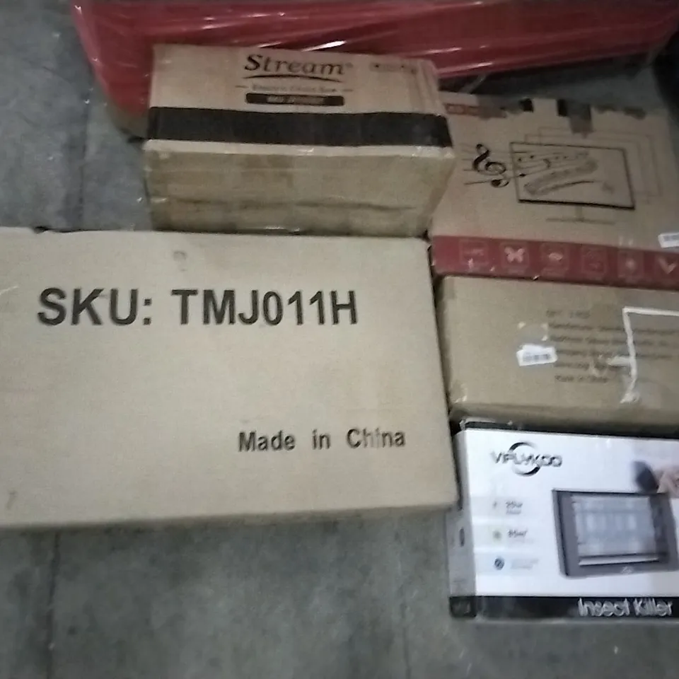 PALLET OF ASSORTED ITEMS INCLUDING STREAM ELECTRIC CHAIN SAW, VIFLYKOO INSECT KILLER, MODIFY AIR AIR PURIFIER, WHEELED TABLE, LED MONITER