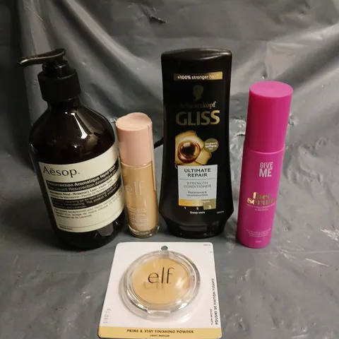 APPROXIMATELY 20 HEALTH AND BEAUTY PRODUCTS TO INCLUDE GIVE ME FACE SERUM, ELF FINISHING POWDER AND GLISS ULTIMATE REPAIR CONDITIONER