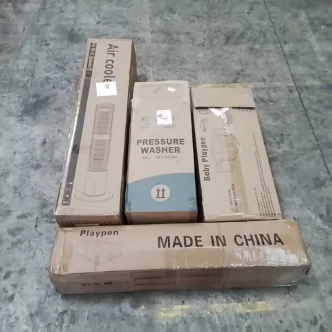 PALLET OF ASSORTED HOUSEHOLD ITEMS AND CONSUMER PRODUCTS TO INCLUDE; AIR COOLER, BABY PLAYPENS, PRESSURE WASHER, BOXED FURNITURE ETC 