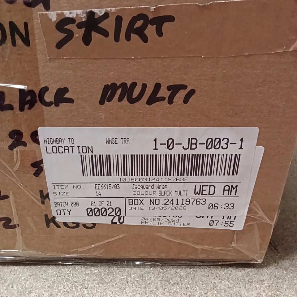 BOXED BRAND NEW APPROXIMATELY 20 JD WILLIAMS JACQUARD WRAP SKIRTS, BLACK MULTI, SIZE 14 (1 BOX)