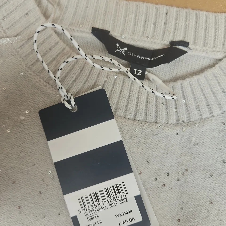 CREW CLOTHING COMPANY GLITTERBALL BOAT NECK JUMPER – GREY WITH SILVER SPARKLE, UK 12