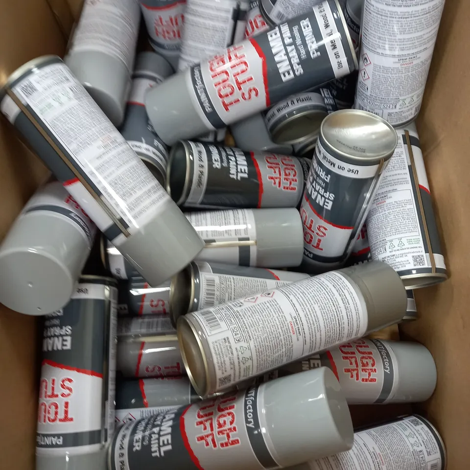 BOX OF APPROXIMATELY 30 PAINT FACTORY ENAMEL SPRAY PAINT  