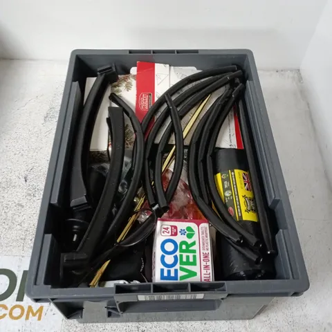 BOX CONTAINING A MIX OF APPROXIMATELY 15 ASSORTED HOUSEHOLD ITEMS INCLUDING METAL PARTS, FABRIC TAPE, WIRING ETC. 