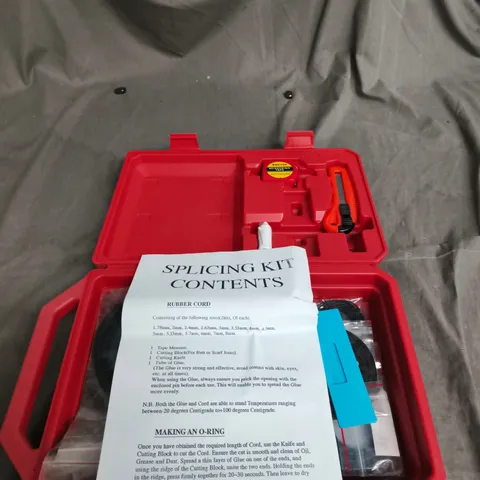 SPLICING KIT CONTENTS – RED TOOL CASE WITH RUBBER CORD & CUTTING KNIFE