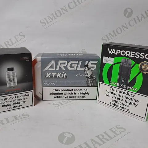 APPROXIMATELY 20 ASSORTED E-CIGARETTE PRODUCTS TO INCLUDE GEEKVAPE Z TOP AIRFLOW SUB-OHM TANK, VAPORESSO LUXE XR MAX, VOOPOO ARGUS XT KIT