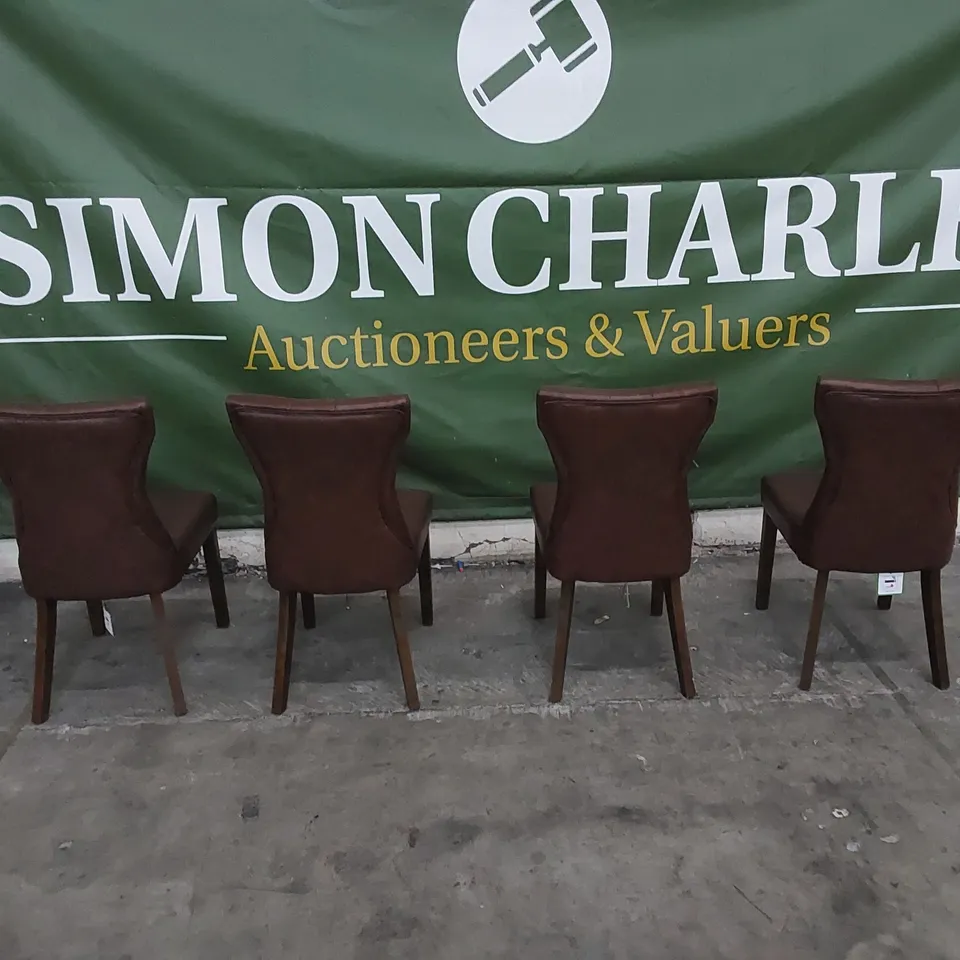 SET OF 4 BEWLEY CLUB BROWN LEATHER BUTTON BACK DINING CHAIRS - DARK LEGS 
