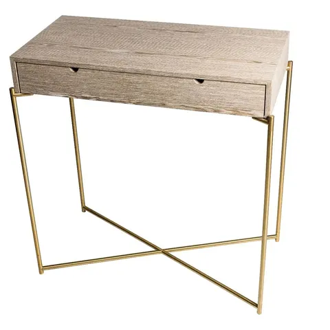 BRAND NEW BOXED IRIS SMALL CONSOLE TABLE WITH DRAWER - WEATHERED OAK DRAWER TOP & BRASS FRAME (3 BOXES)