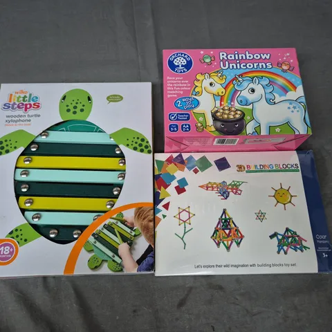 LOT OF 3 ASSORTED KIDS ACTIVITIES TO INCLUDE TURTLE XYLOPHONE AND RAINBOW UNICORNS