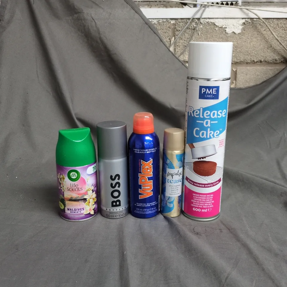 APPROXIMATELY 15 ASSORTED AEROSOLS TO INCLUDE BOSS BODY SPRAY, AIR WICK LIFE SCENTS REFILL AND IMPULSE TEASE BODY SPRAY