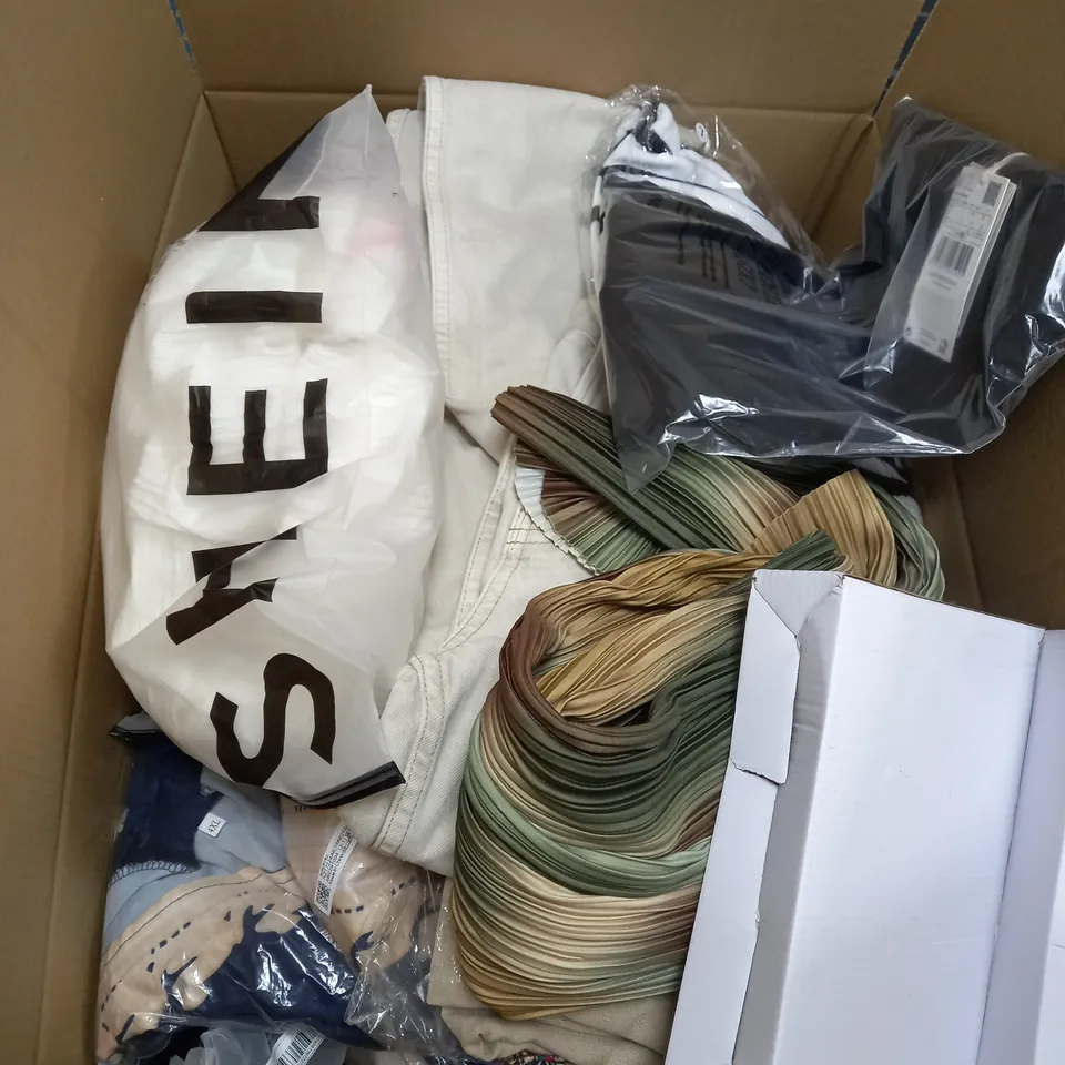 BOX OF ASSORTED CLOTHING ITEMS TOO INCLUDE JUMPERS, SHIRTS AND TROUSERS IN VARIOUS SIZES AND COLOURS   