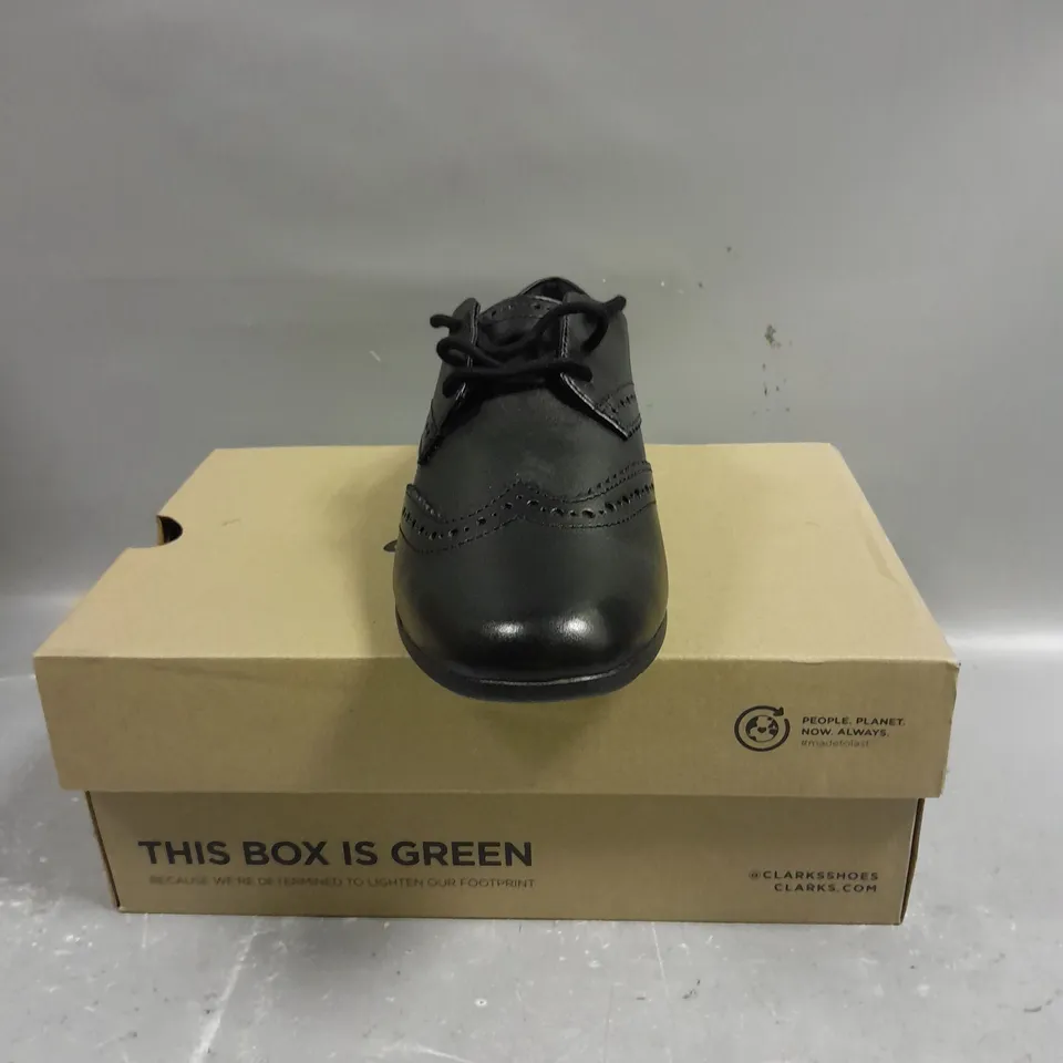 BOXED PAIR OF CLARKS SCALA LACE BLACK LEATHER SHOES - 4.5