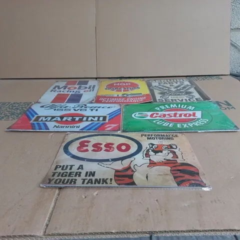 SET OF 6 ASSORTED CAR RELATED METAL SIGNS/WALL ART