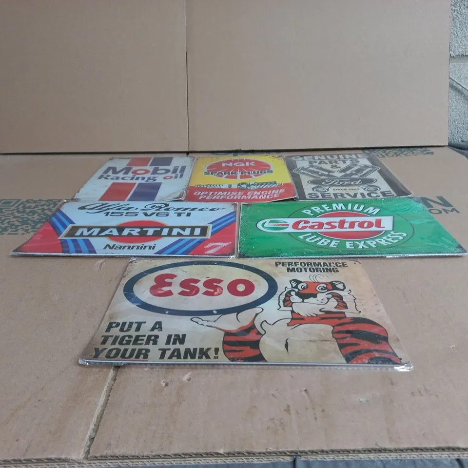 SET OF 6 ASSORTED CAR RELATED METAL SIGNS/WALL ART
