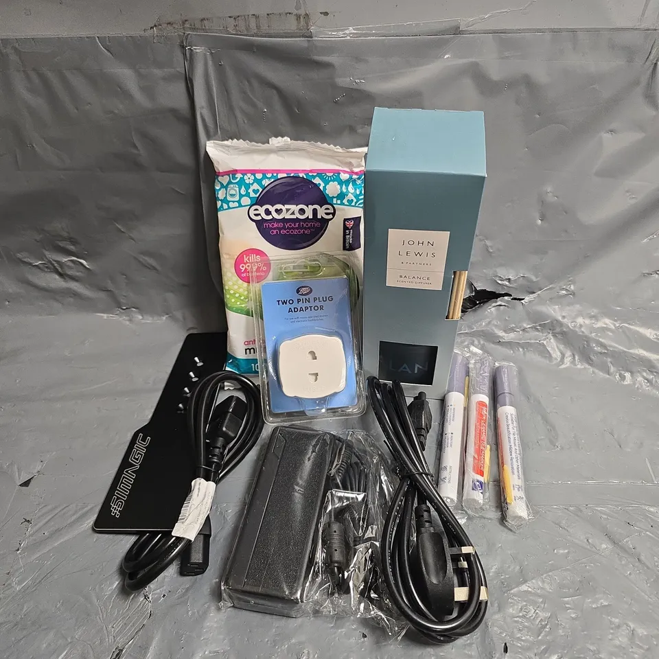 APPROXIMATELY 10 ASSORTED HOUSEHOLD ITEMS TO INCLUDE - JOHN LEWIS BALANCE SCENTED DIFFUSER - BOOTS TWO PIN PLUG ADAPTER - ECOZONE MULTI SURFACE WIPES - ETC