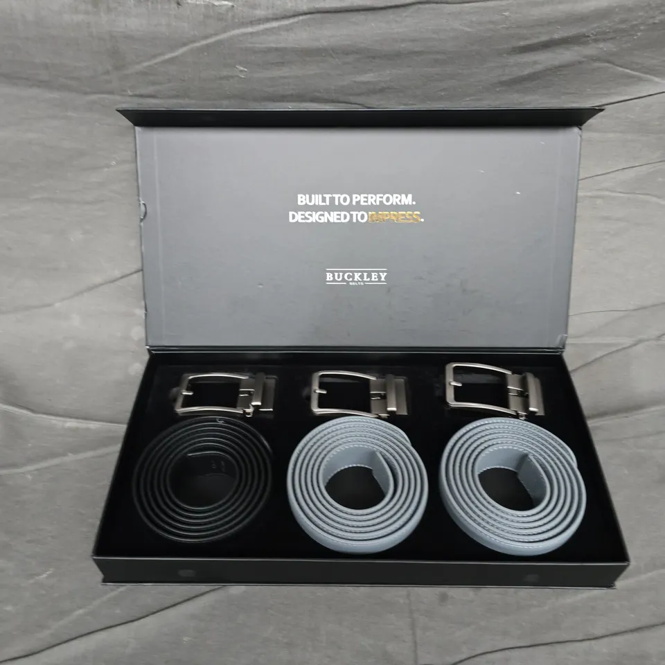BOXED TRIO OF BUCKLEY ADJUSTABLE BELTS 