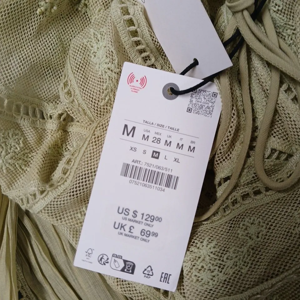 ZARA WOMEN’S PALE YELLOW LACE DRESS, FLORAL EMBROIDERY, SIZE M (US)