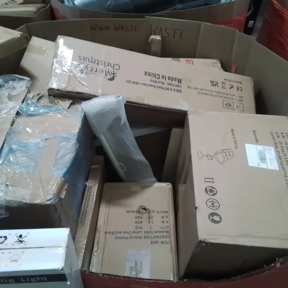 PALLET CONTAINING VARIOUS ASSORTED BOXED HOUSEHOLD ITEMS TO INCLUDE: OFFICE CHAIR,  HEATED BLANKET, KNITTING MACHINE,  CHRISTMAS TREES AND LOTS MORE UNMARKED BOXED ITEMS 