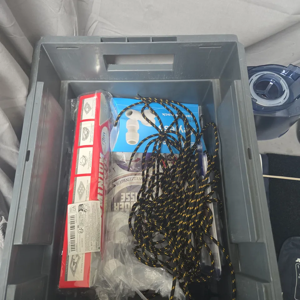 APPROXIMATELY 15 Assorted Tools & Household Items Lot – vacuum hose, cords, rope, manuals, box, decorations