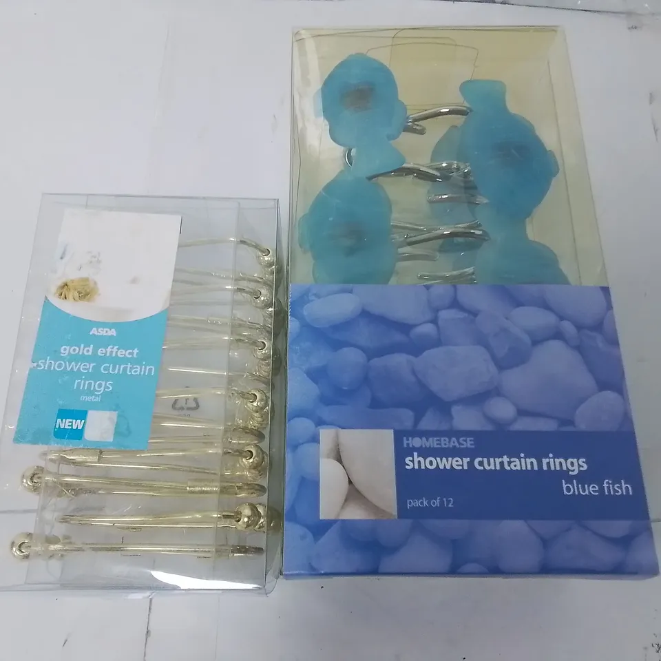 LARGE QUANTITY OF BRAND NEW HOUSEHOLD ITEMS INCLUDES BLUEFISH SHOWER CURTAINS AND GOLD EFFECT SHOWER CURTAIN RINGS