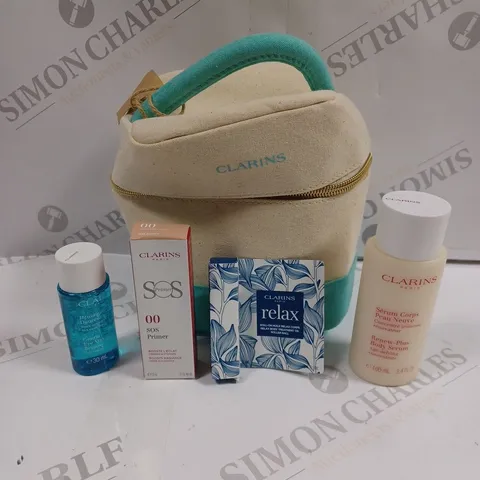 CLARINS BEAUTY GIFT SET TO CONTAIN BODY SERUM, SOS PRIMER, EYE MAKE UP REMOVER ETC