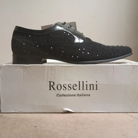 BOXED PAIR OF ROSSELLINI LAZIO BLACK SUEDE SHOES SIZE UK 10