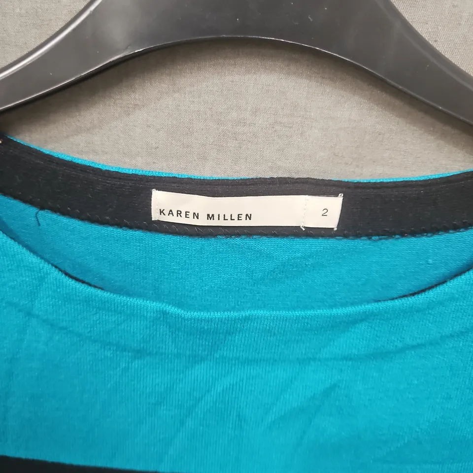 KAREN MILLEN COLOUR-BLOCK DRESS – TURQUOISE, BLACK & WHITE STRIPE – SIZE 2