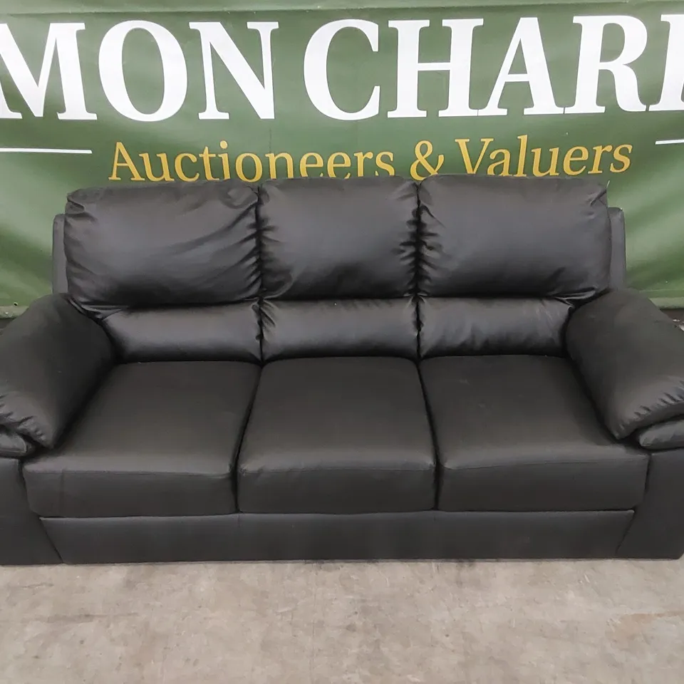 DESIGNER 3 SEATER FAUX LEATHER SOFA - BLACK