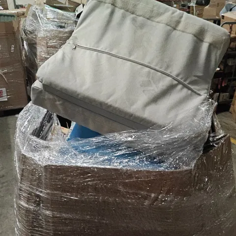 PALLET OF ASSORTED HOUSEHOLD GOODS AND PRODUCTS TO INCLUDE;HIGH CHAIR, CUSHION CAR SEAT,SCUTTLEBUG,POPUP TENT