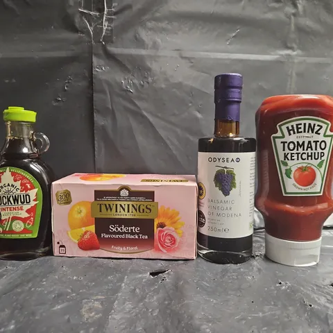 APPROXIMATELY 15 ASSORTED FOOD AND DRINK ITEMS TO INCLUDE KETCHUP, MAPLE SYRUP, TWININGS, ETC