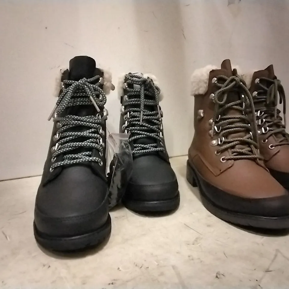 BOXED UNISEX EMU AUSTRALIA OKAB BOOTS , 1 PAIR BLACK  SIZE 3 , 3 PAIRS OAK SIZE 9 