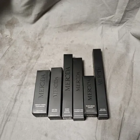 6 X MERODA COSMETIC ITEMS TO INCLUDE BROW PENCIL, SHIMMER STICK ETC
