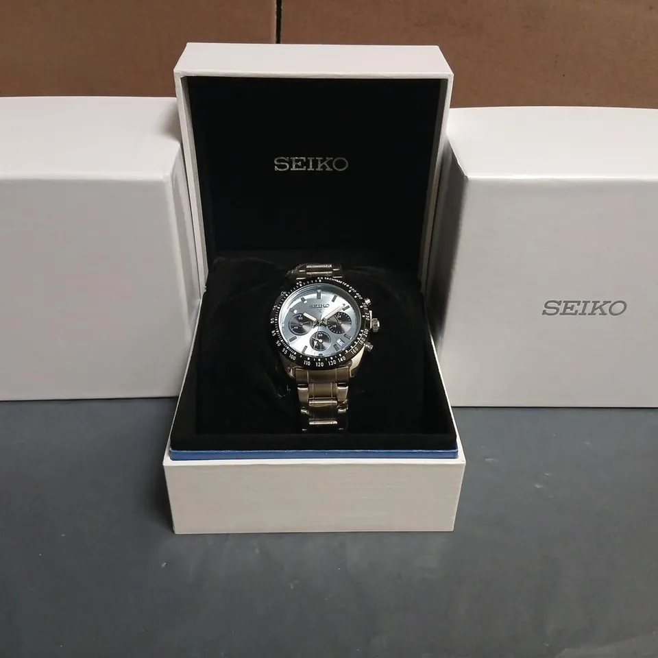 SEIKO CHRONOGRAPH STAINLESS STEEL WATCH – BLUE DIAL, BOXED