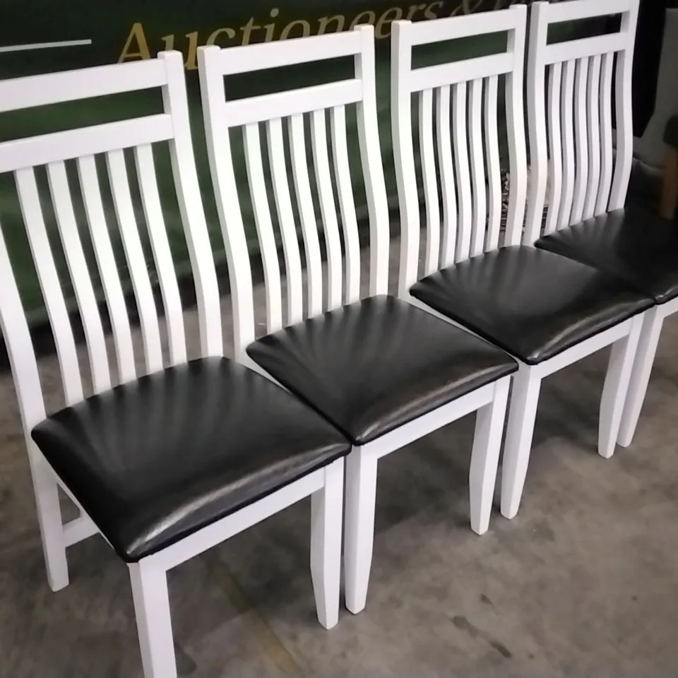 SET OF 4 WHITE WOODEN DINING CHAIRS WITH BLACK LEATHER SEAT