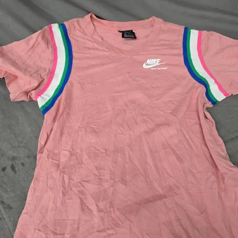 NIKE SPORTSWEAR WOMEN'S PINK T-SHIRT WITH RAINBOW SLEEVE STRIPES (SIZE S)