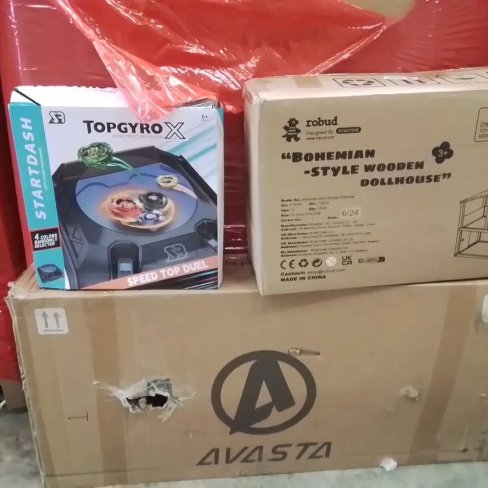 PALLET OF ASSORTED HOUSEHOLD GOODS AND PRODUCTS TO INCLUDE;AVASTA BIKE,TOPGYRO GAME,WOODEN DOLLHOUSE