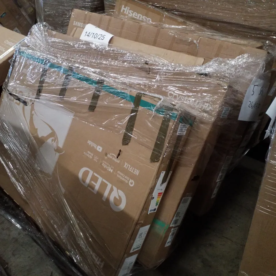 PALLET OF FIVE ASSORTED WAREHOUSE DAMAGED TV'S TO INCLUDE;