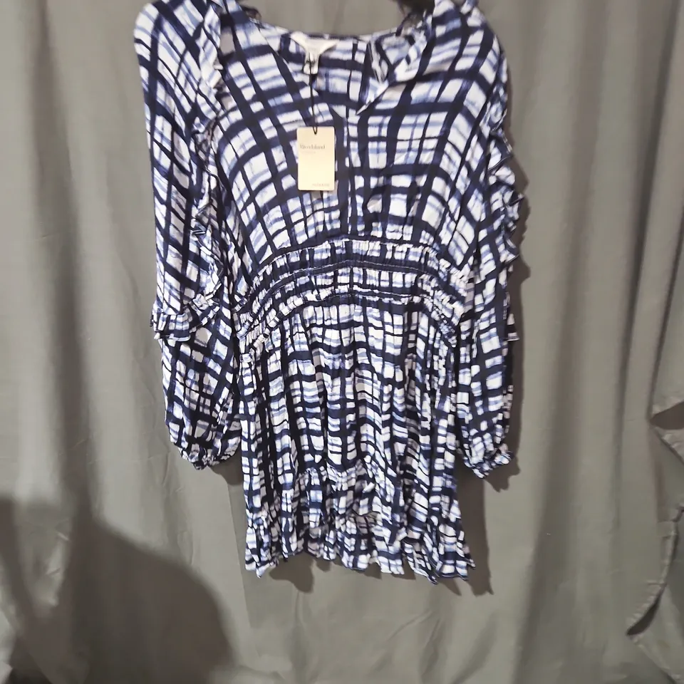 RIVER ISLAND WOMEN'S TOP – RELAXED FIT, BLUE/WHITE PRINT, UK 16 (US 12)