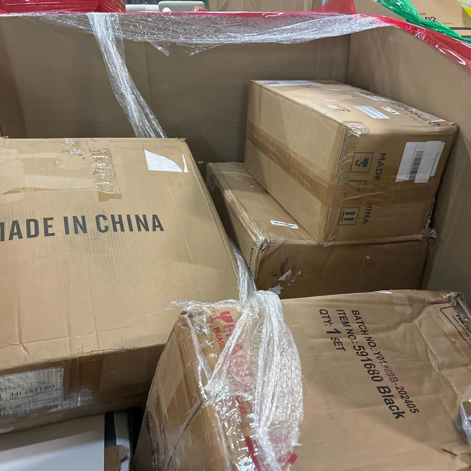 PALLET OF ASSORTED CONSUMER PRODUCTS TO INCLUDE: OFFICE CHAIR, ELECTRIC HEDGE TRIMMER, VACUUM CLEANER, FITNESS TRAMPOLINES ECT