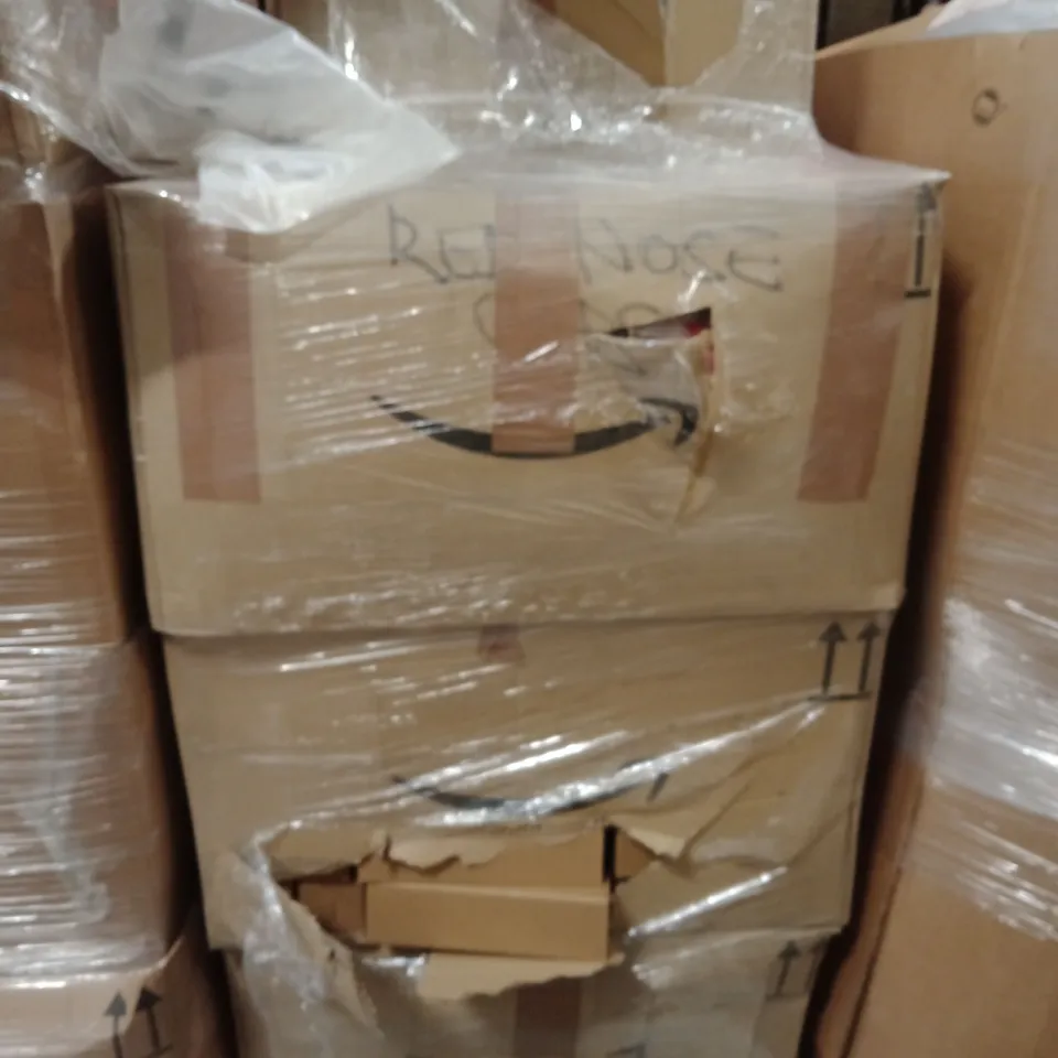 PALLET CONTAINING A LARGE QUANTITY OF RED NOSE DAY PRODUCTS TO INCLUDE,CAPS, STAINLESS STEEL BOTTLE