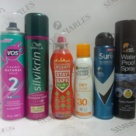 BOX OF APPROX 15 ASSORTED AEROSOLS TO INCLUDE SURE MEN DEODORANT, WELLA HAIRSPRAY, OUT&ABOUT WATERPROOF SPRAY, ETC