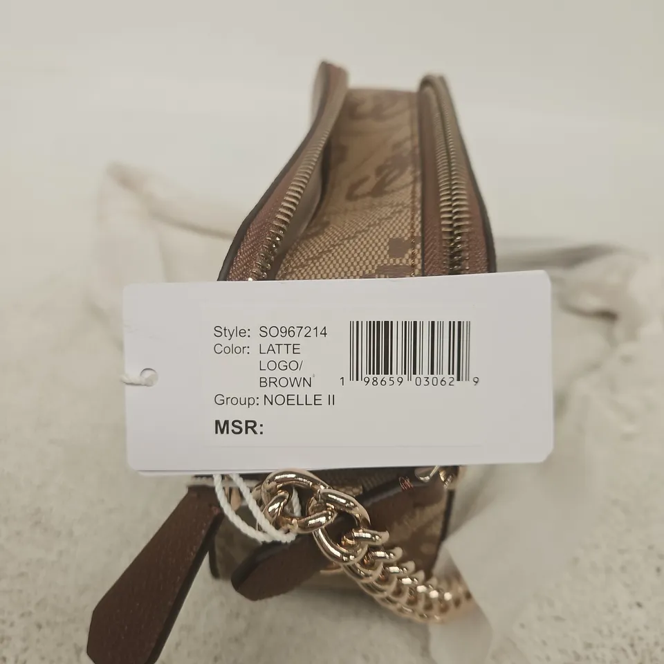 GUESS HANDBAG – LATTE BROWN MONOGRAM CROSSBODY BAG