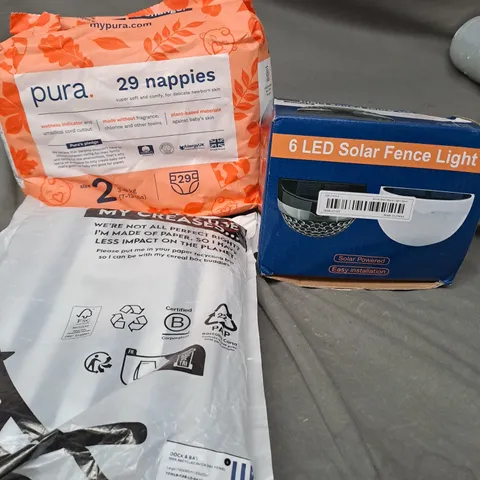 APPROXIMATELY 15 ASSORTED HOUSEHOLD PRODUCTS TO INCLUDE PURA NAPPIES, DOCK AND BAY TOWEL AND A 6 LED SOLAR FENCE LIGHT