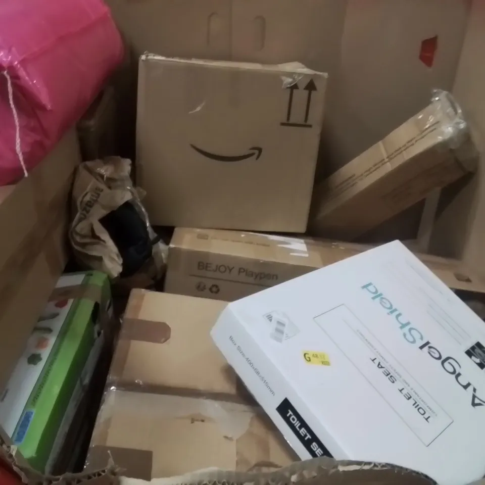 PALLET OF ASSORTED HOUSEHOLD GOODS AND PRODUCTS TO INCLUDE;BASKETBALL STAND,CEILING FAN WITH LIGHT,TOILET SEAT