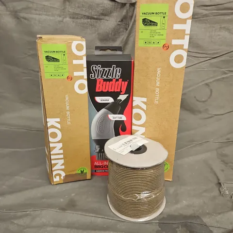 BOX OF APPROXIMATELY 12 ASSORTED HOUSEHOLD ITEMS TO INCLUDE - OTTO KONING BOTTLE - NYLON CORD - SIZZLE BUDDY - ETC