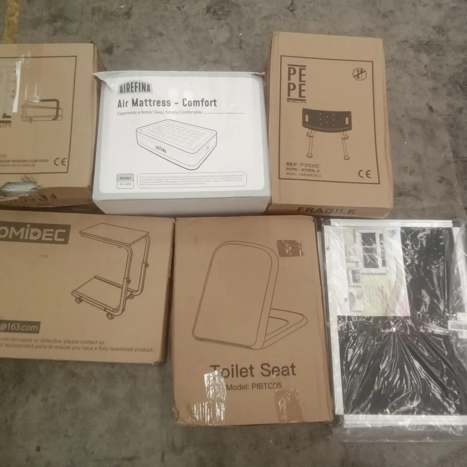 PALLET OF ASSORTED ITEMS INCLUDING TOILET SEAT, HOMIDEC TROLLEY, PEPE TOILET RISER WITH HANDLES, AIR MATTRESS - COMFORT, ADJUSTABLE WINDOW SCREEN, PEPE STOOL  
