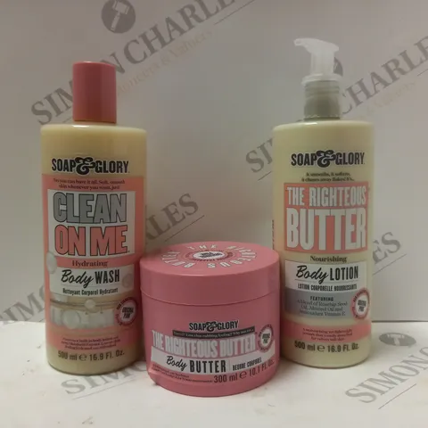 BOX OF 3 SOAP&GLORY PRODUCTS TO INCLUDE BODY WASH, BODY BUTTER, BODY LOTION