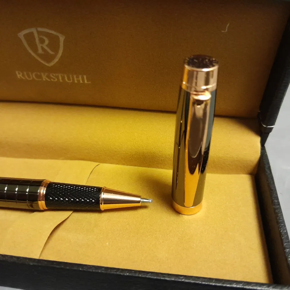 RUCKSTUHL STAINLESS STEEL HAND ASSEMBLED LUXURY PEN WITH BLACK & ROSE GOLD COLOUR CASE